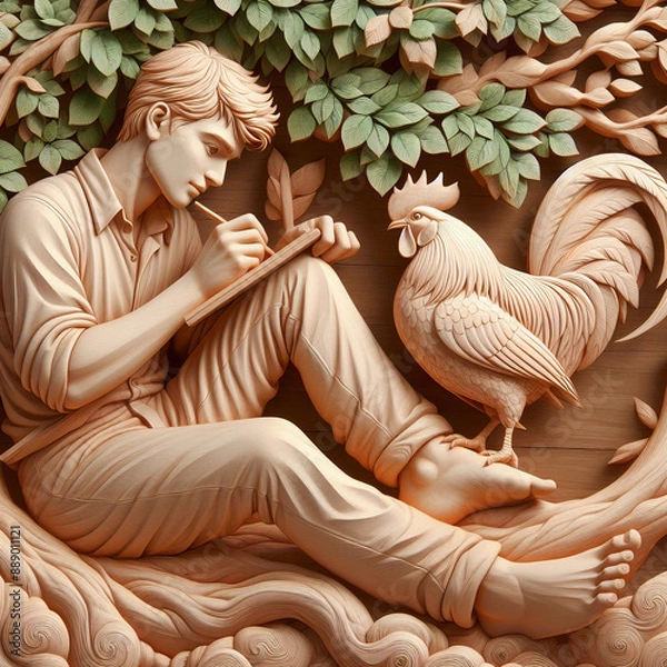 Fototapeta The image showcases a meticulously crafted wood carving depicting a young man seated beneath a tree, engrossed in writing in a notebook. Beside him, a rooster stands perched on a branch, adding a touc