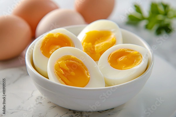 Fototapeta Hard boiled eggs being cut half with the yolk exposed. Generative AI