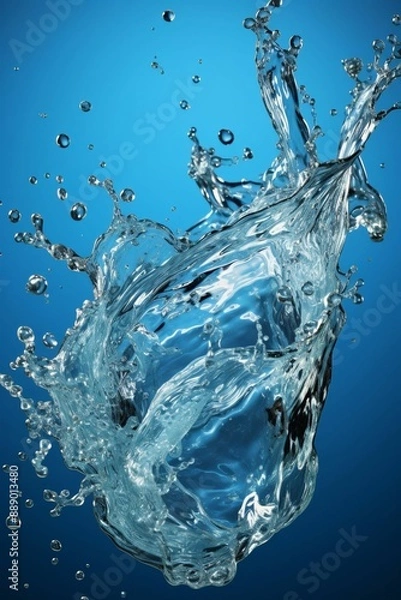 Fototapeta Dynamic water splash captured against a blue background.
