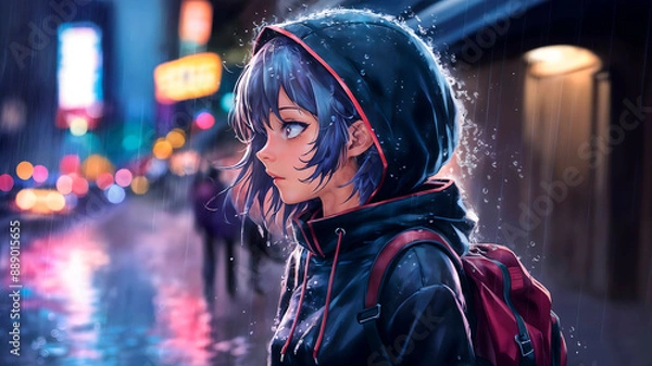 Fototapeta A girl with blue hair is wearing a black hooded jacket and a red backpack, standing in the rain in the city