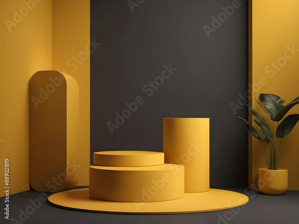 Fototapeta Yellow cylinder pedestal podium set with dark and yellow background. Minimalist scene for product presentation.	