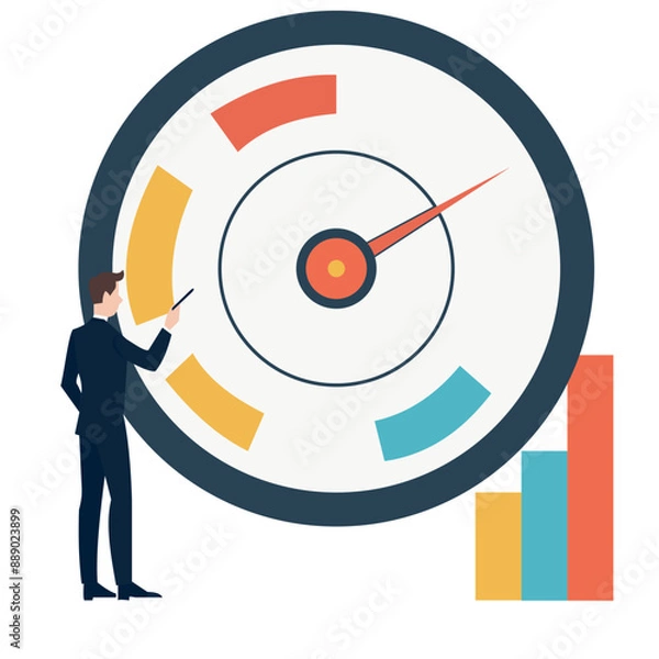 Obraz Benchmark performance or KPI key performance indicator, metrics or measurement to measure success, result evaluation, analysis or comparison concept, businessman magnify benchmark metric graph scale
