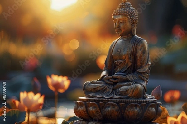 Fototapeta Golden Buddha Statue in a Peaceful Outdoor Setting at Sunset