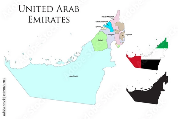 Fototapeta  United Arab Emirates  administrative divisions.  United Arab Emirates flag and map illustration vector.