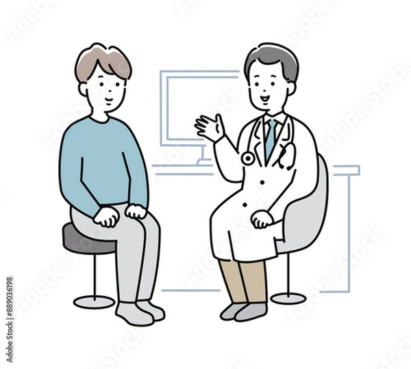 Fototapeta 問診・診察を受ける若い男性と説明をする医者のイラスト素材