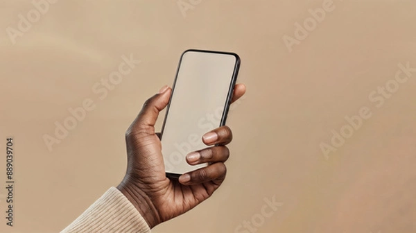 Obraz a black hand holding a smartphone with blank screen, beige background