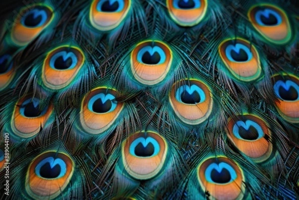 Fototapeta Close-up view of peacock feathers showcasing vibrant colors.
