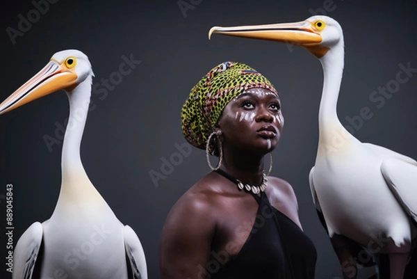 Fototapeta African woman with face painting and headdress with two birds in the background.