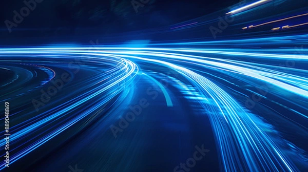 Fototapeta Bright blue light paths bend dynamically against a dark background, creating a sense of speed and movement.