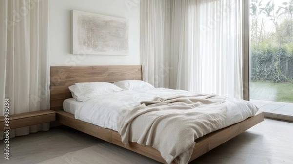 Obraz A serene bedroom with a minimalist wooden bed