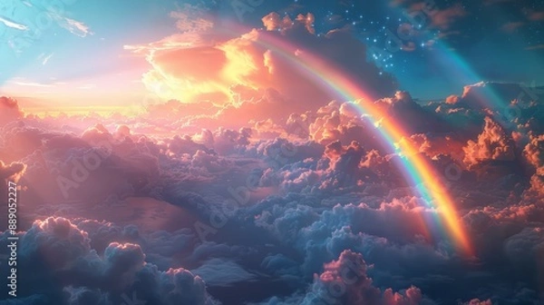 Fototapeta Aerial view above clouds with rainbow. Fantasy landscape with rainbow in the sky.