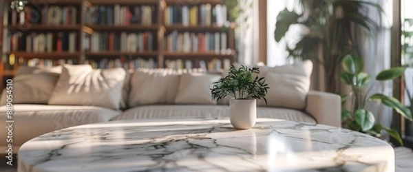 Fototapeta the marble coffee table in boho living room with soft cream sofa and bookshelves