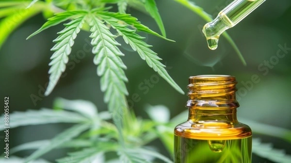 Obraz Cannabis oil extracts in jars and green cannabis leaves, marijuana isolated on cannabis abstract background. Growing medical and herb marijuana.