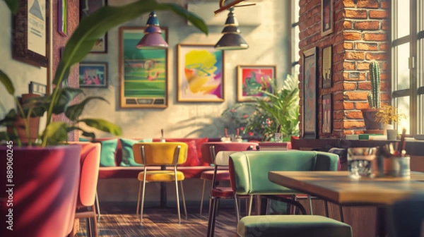 Fototapeta A casual business meeting taking place in a trendy café with colorful décor and artwork, highlighting a relaxed and creative atmospheres