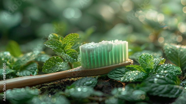 Fototapeta Fresh Mint Leaves with Toothbrush on Green Background