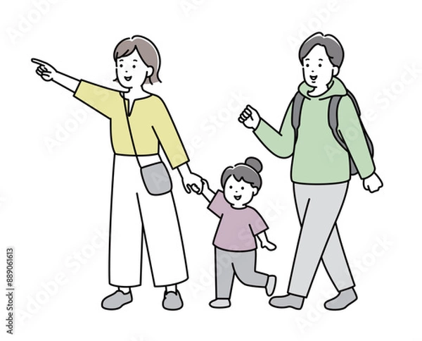 Obraz 手を繋いで外出をする家族のイラスト素材