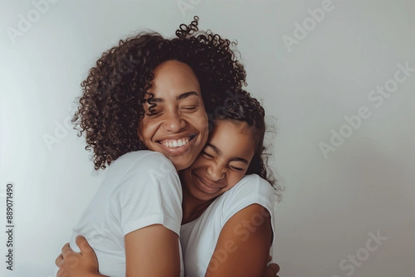 Obraz Mother and daughter hugging, both wearing white shirts, smiling with closed eyes against a plain background