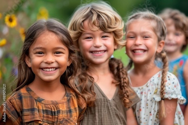 Fototapeta Three children smiling cheerful to the camera. Park scene at day time. Youth smile