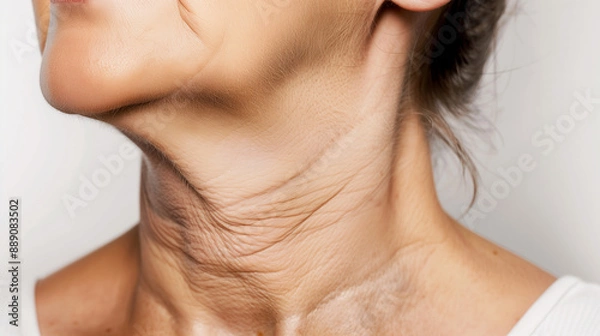 Fototapeta Venus rings horizontal on neck, age-related skin changes, senior, gradual aging, banner with copy space
