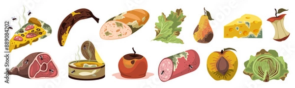 Fototapeta Spoiled products. Expired food, rotting semi finished meal, moldy smell fruits and vegetables, natural fermentation process. Organic recyclable garbage, cartoon flat isolated tidy vector set