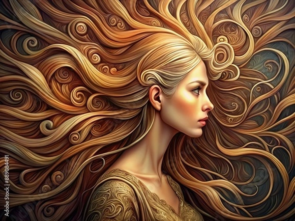 Fototapeta Intricate illustration of a feminine figure with luminous, flowing locks, showcasing meticulous attention to every delicate strand, swirl, and curl of her beautiful long hair.