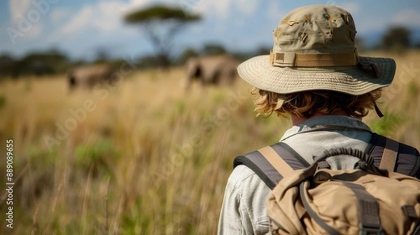 Fototapeta An explorer with a hat and backpack looks forward at safari tents in the vast African savanna, capturing the adventurous spirit and beauty of the wilderness.