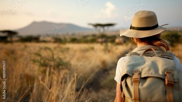 Fototapeta A traveler wearing a hat and backpack stands observing the African wildlife in the vast, golden savanna, capturing an inspiring moment in the wild.