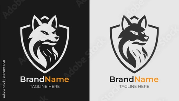 Fototapeta Black and white logo with an angry fox head backed by a shield