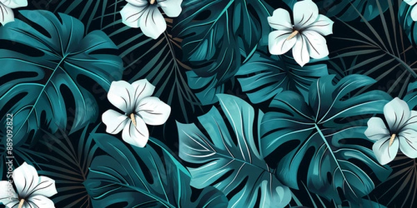 Fototapeta elegant teal and black Hawaiian floral pattern, simple shapes, tropical leaves, white outlines, white flowers