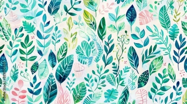 Fototapeta Watercolor Green Leaf Seamless Pattern.