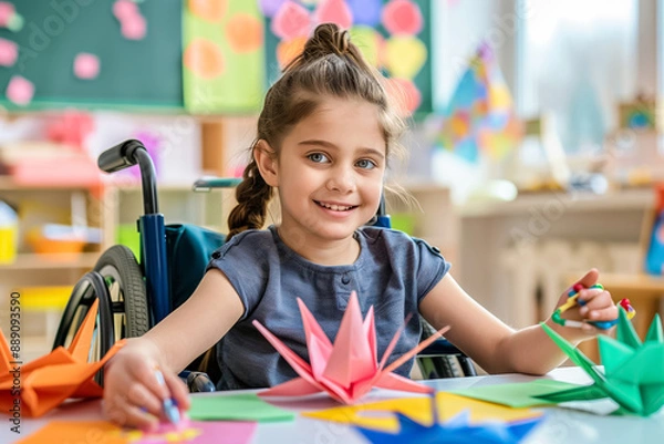 Fototapeta A child in a wheelchair is happily doing an art project, creating colorful origami in a lively classroom. The scene promotes diversity and inclusivity