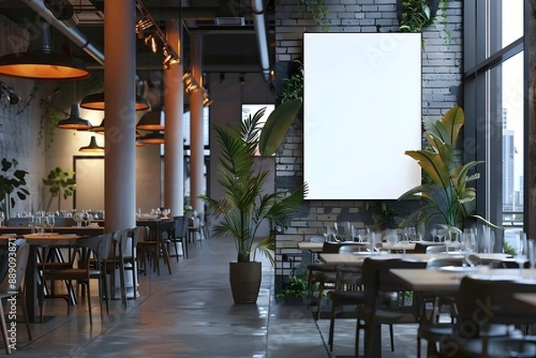 Fototapeta Mockup of a blank restaurant signboard in a trendy, high-end dining area