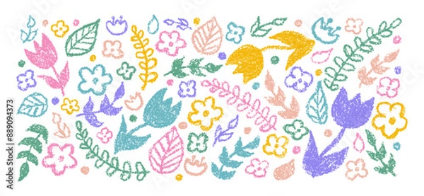 Fototapeta Set of hand drawn colorful charcoal pencil doodle flowers and plants in childish style. Vector botanical illustration