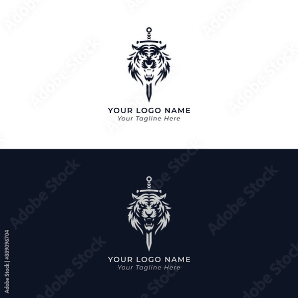 Obraz Monochrome Shield Logo with Angry Tiger With Swords