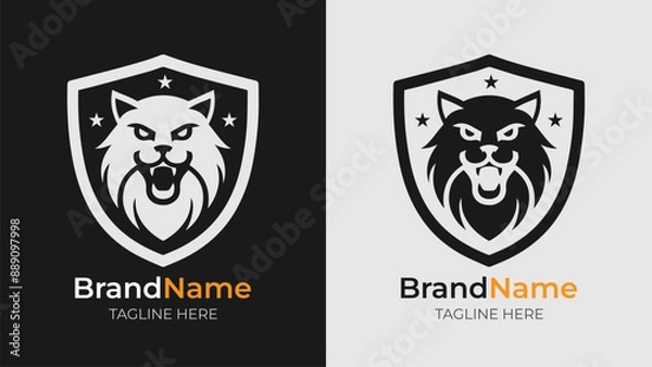 Obraz Angry Cat Head Shield Logos in Monochrome.
