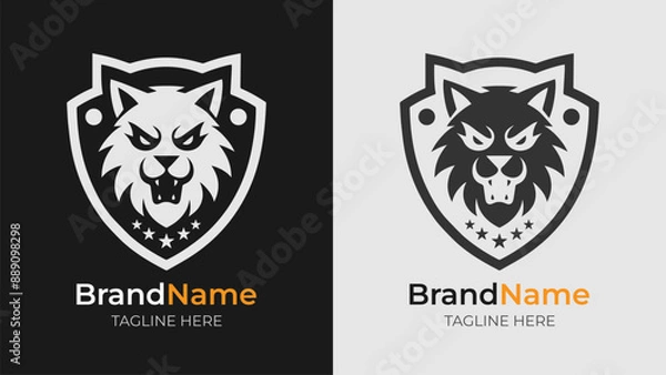 Obraz Monochrome Shield Logos with Angry Cat Head
