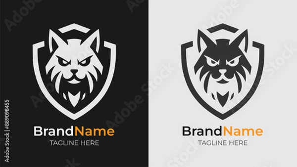 Obraz Fierce Cat Logos in Monochrome Shield Design. Bold and fierce cat head logos in a monochrome shield design.