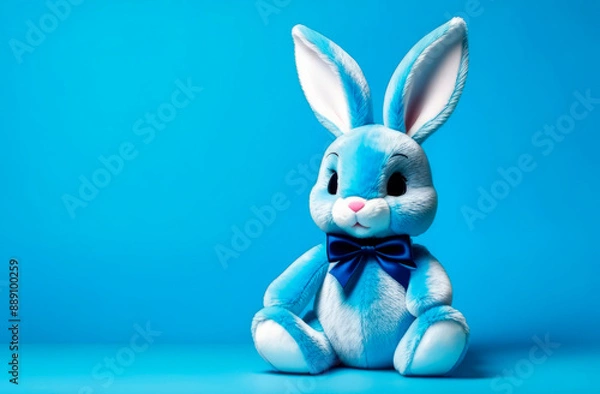 Fototapeta plush hare, soft toy on a blue background with place for your text