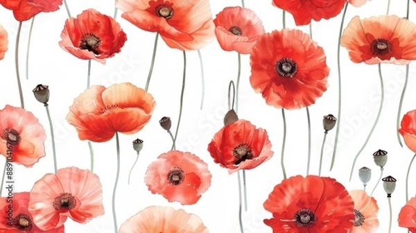 Fototapeta seamless pattern, Beautiful watercolor painting of vibrant red poppies with delicate stems on a white background, perfect for floral-themed designs and decor.