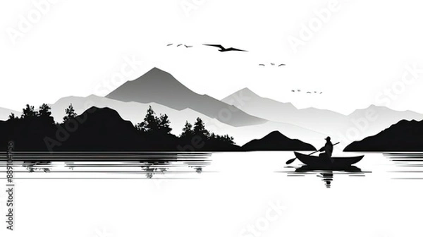 Fototapeta a black and white silhouette of fisherman in boat on lake with trees