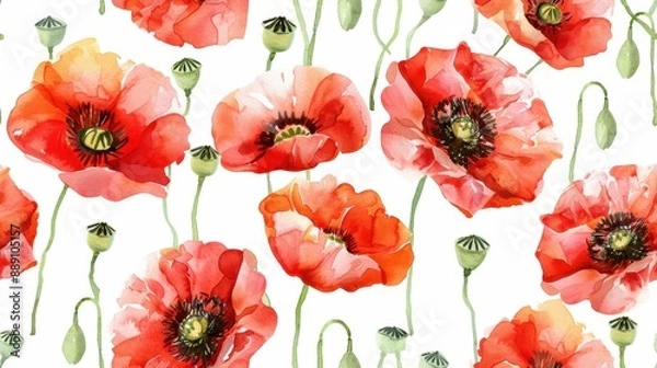 Obraz Seamless pattern with beautiful red poppies on a white background, perfect for textiles, wallpapers, and botanical designs.