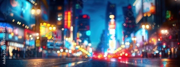 Fototapeta A city street at night with a lot of lights and a lot of people. Scene is lively and bustling