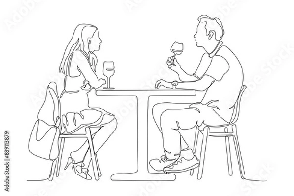 Fototapeta Couple sitting at street cafe table with glasses of drink. Side view. Single black line drawing isolated on white. Vector in line art style.