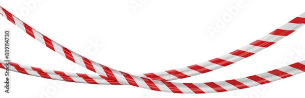 Fototapeta Isolated crossed hanging warning tape with red and white stripes. Caution ribbon.