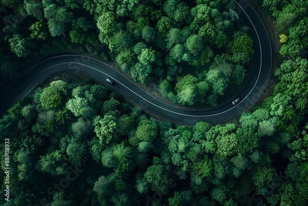 Fototapeta Aerial Shot of a Curved Road Cutting through a Verdant Forest, Perfect for Nature Enthusiasts