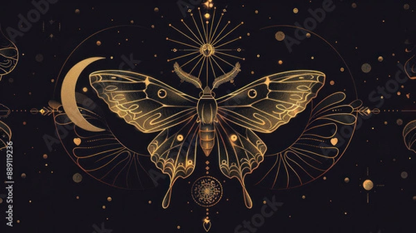 Fototapeta Golden moth on a mystical card, under the moonlight. Magic and spirituality are in the air. A simple insect design in black.