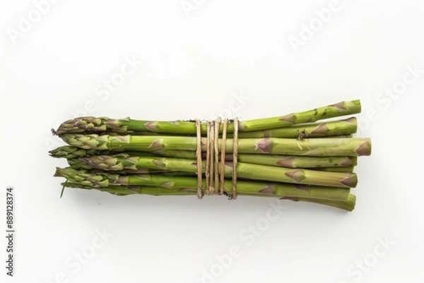 Fototapeta A vibrant bundle of crisp green asparagus spears laid out on a clean white background, perfect for cooking or decoration. The delicate tips and tender stalks evoke a sense of springtime freshness.