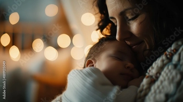 Fototapeta A touching scene featuring a mother tenderly cradling her baby in a softly lit room, with a gentle and warm backdrop of twinkling lights adding to the serene atmosphere.