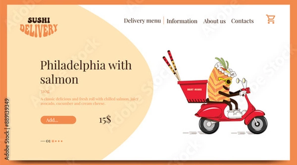 Fototapeta Sushi delivery. A website page for delivering sushi, rolls, and Japanese food.