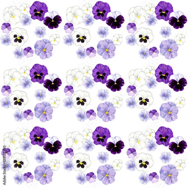 Fototapeta 紫・白のパンジーとビオラのシームレスパターン　手描き水彩イラストの花柄